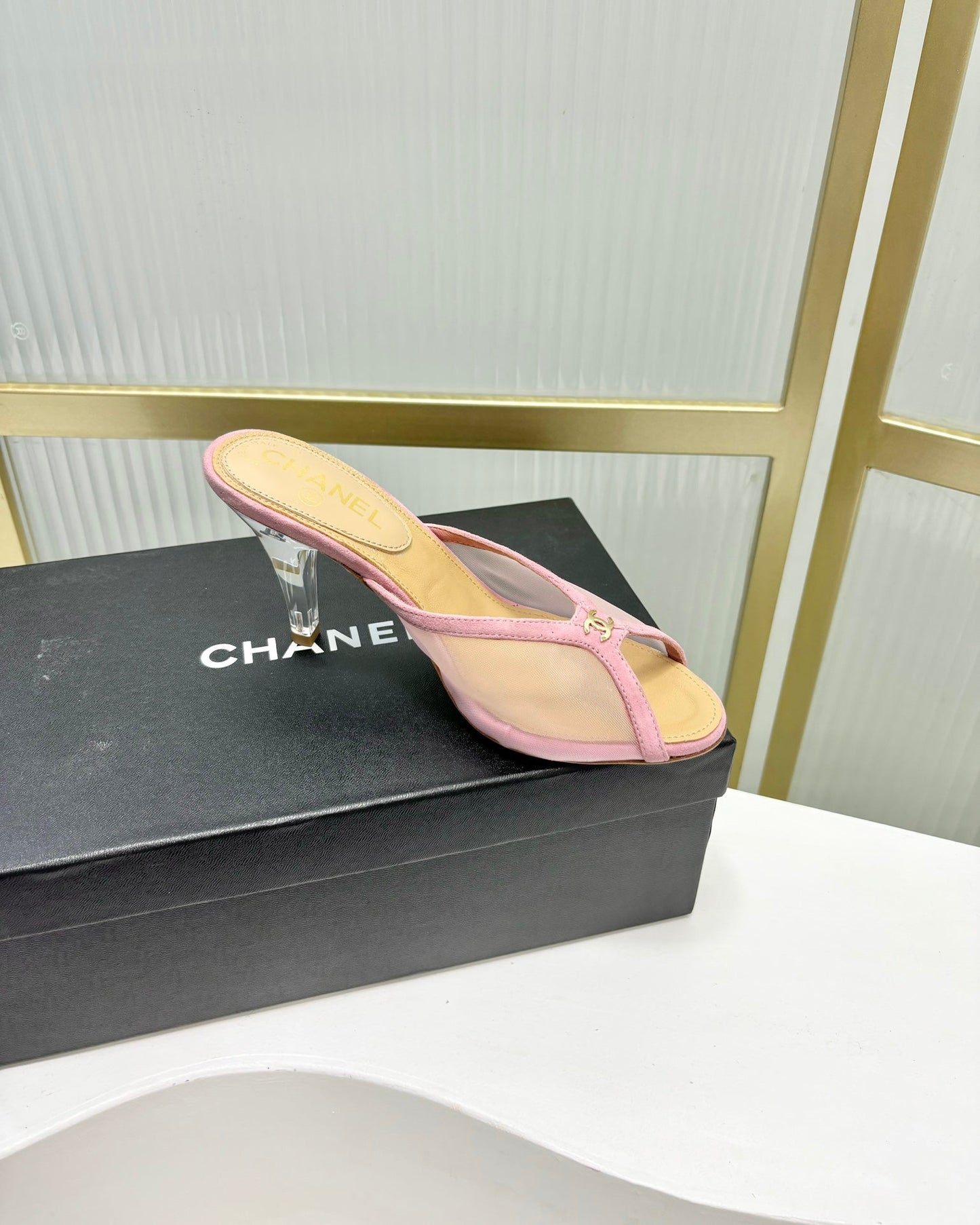HIGH HEEL PEEP TOE IN LIGHT PINK BREATHABLE MESH - 35