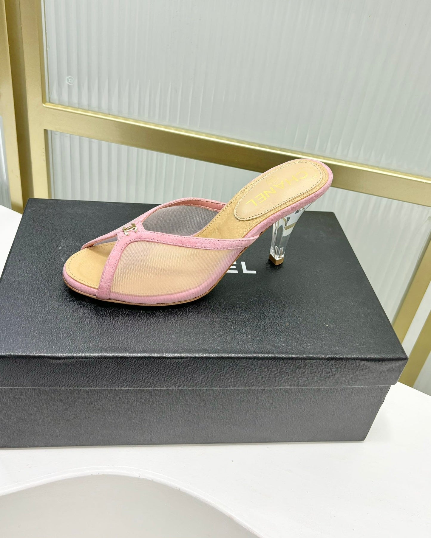 HIGH HEEL PEEP TOE IN LIGHT PINK BREATHABLE MESH - 35
