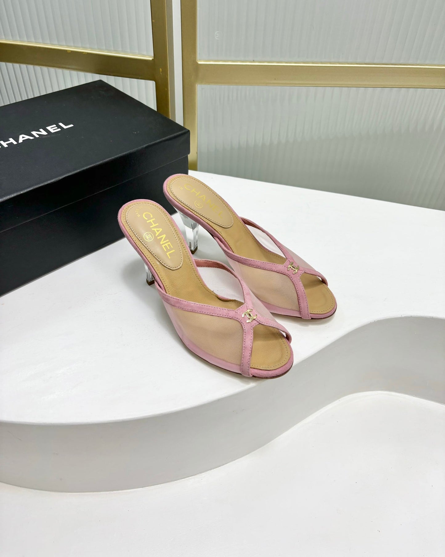 HIGH HEEL PEEP TOE IN LIGHT PINK BREATHABLE MESH - 35