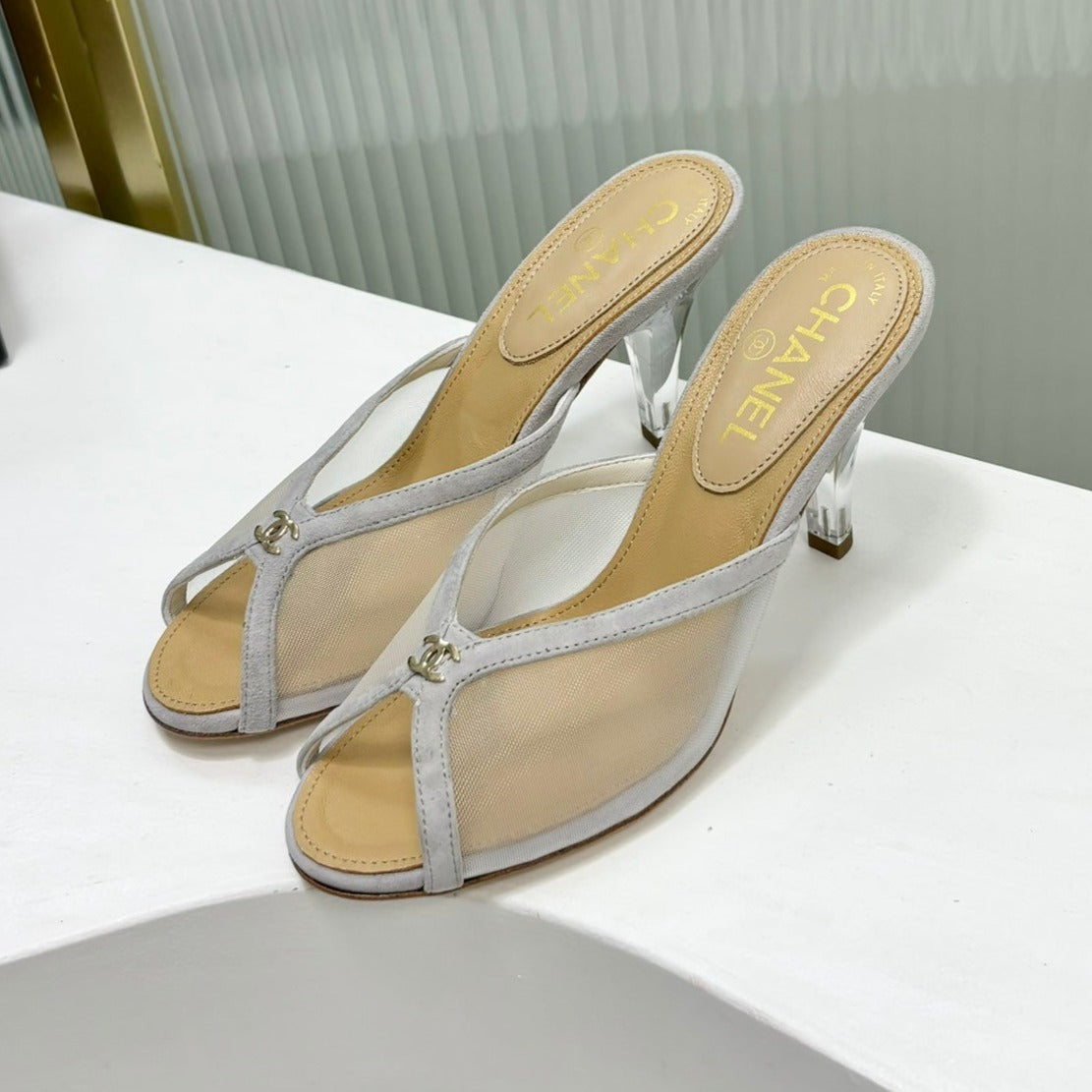 HIGH HEEL PEEP TOE IN WHITE BREATHABLE MESH - 35