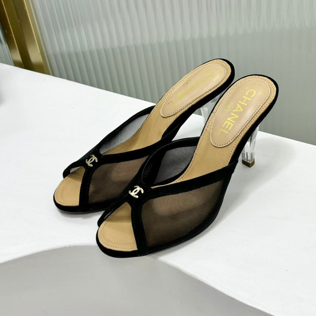 HIGH HEEL PEEP TOE IN BLACK BREATHABLE MESH - 35