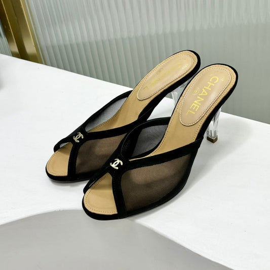 HIGH HEEL PEEP TOE IN BLACK BREATHABLE MESH - 35