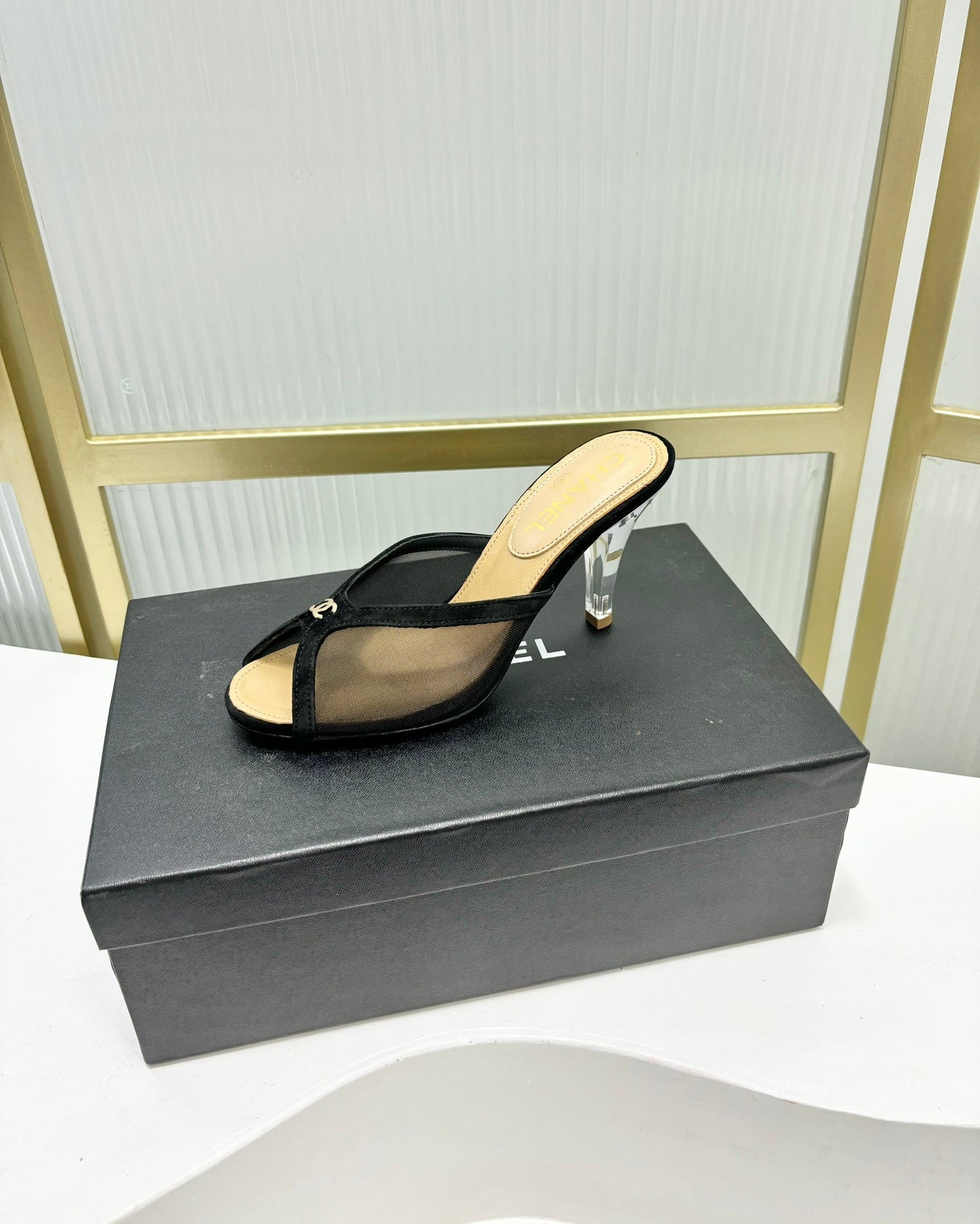 HIGH HEEL PEEP TOE IN BLACK BREATHABLE MESH - 35