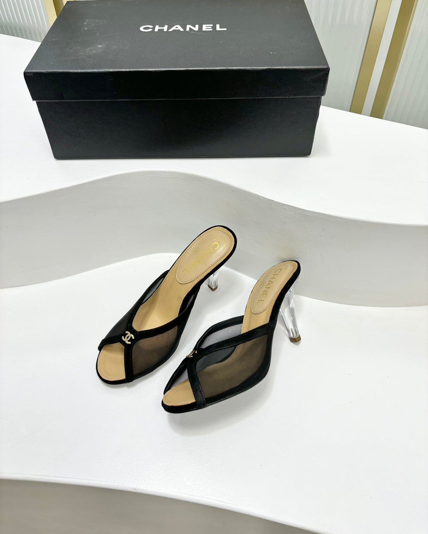 HIGH HEEL PEEP TOE IN BLACK BREATHABLE MESH - 35
