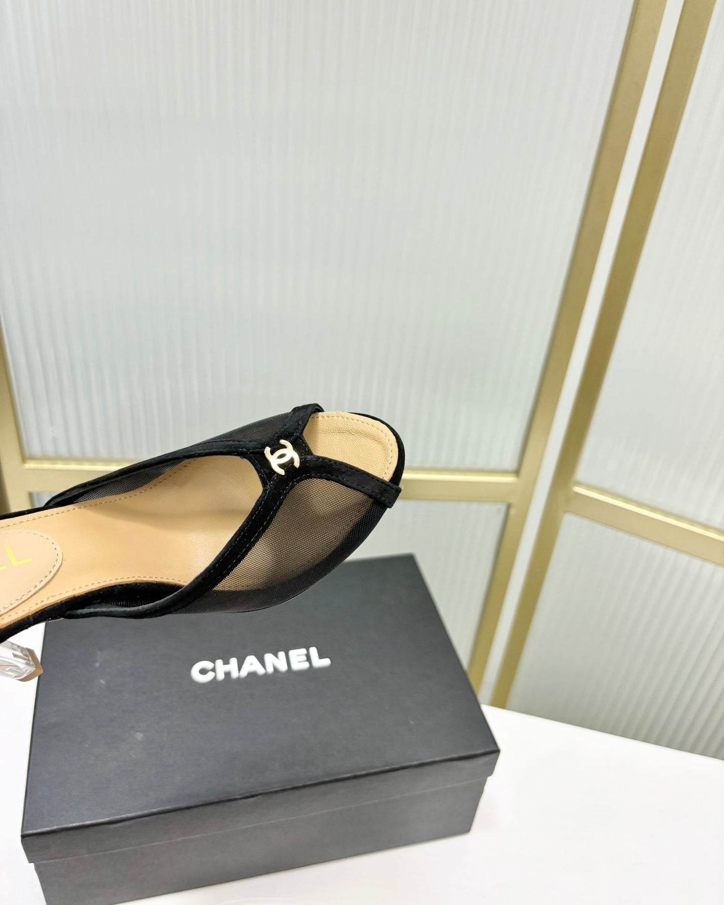 HIGH HEEL PEEP TOE IN BLACK BREATHABLE MESH - 35