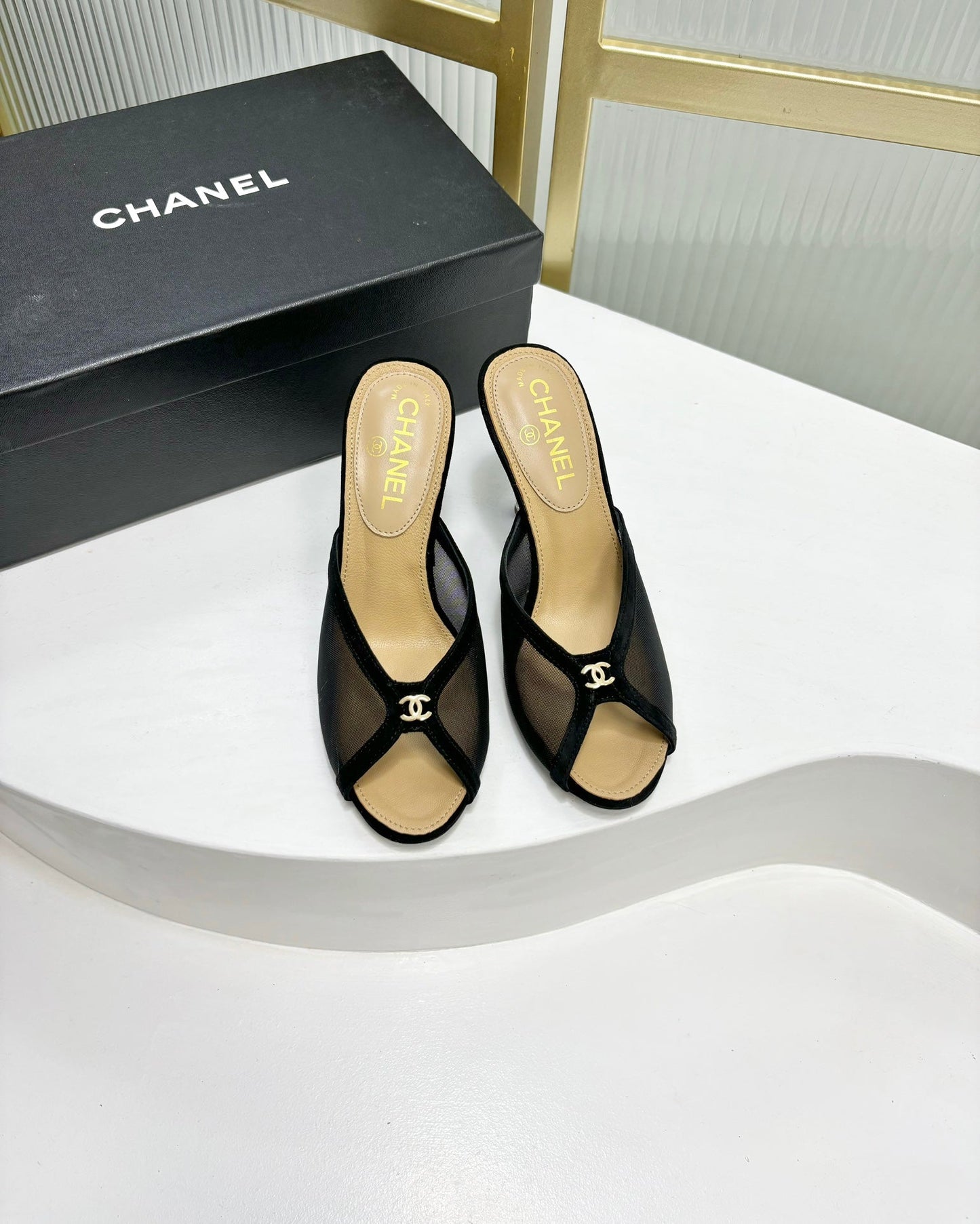 HIGH HEEL PEEP TOE IN BLACK BREATHABLE MESH - 35