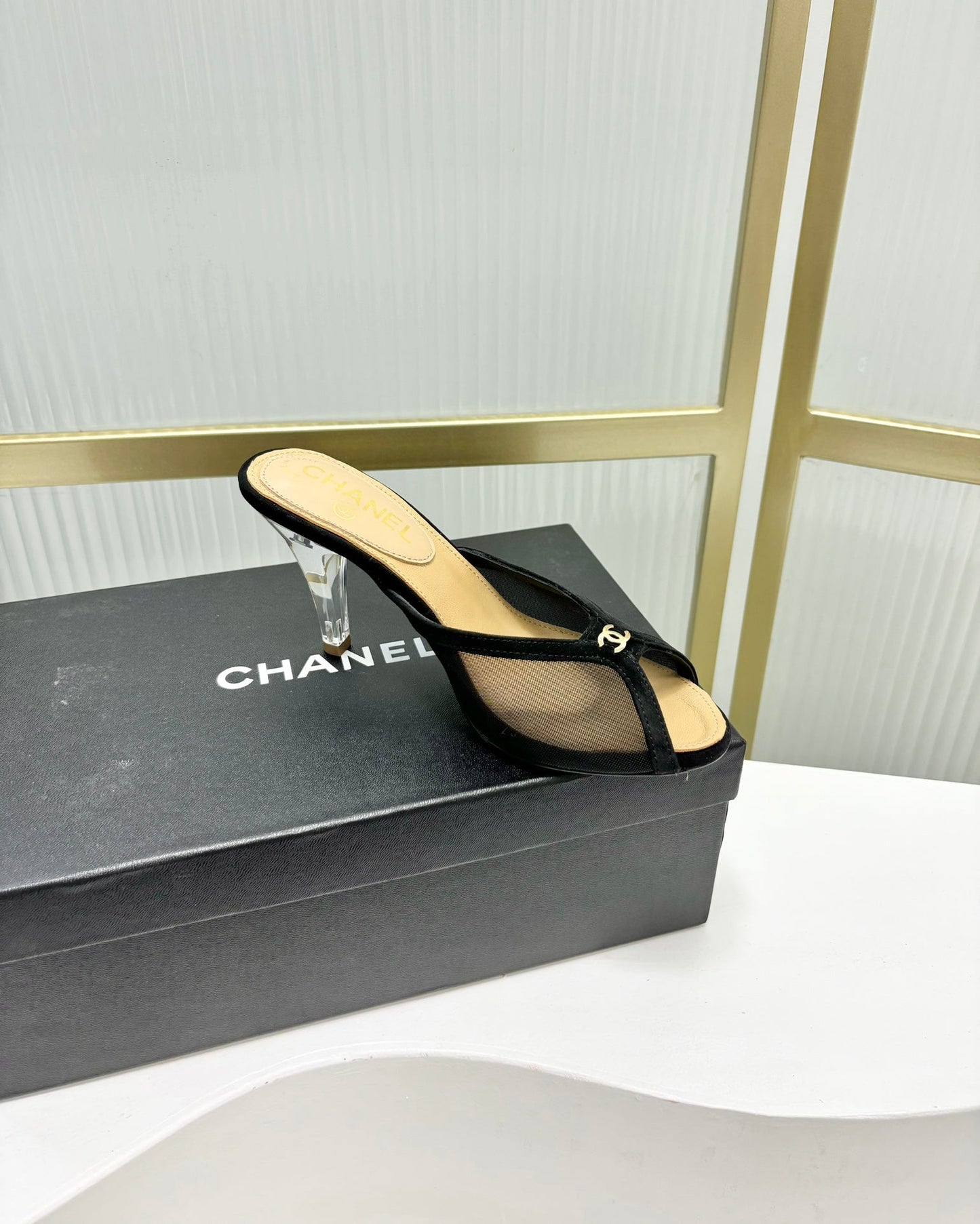 HIGH HEEL PEEP TOE IN BLACK BREATHABLE MESH - 35