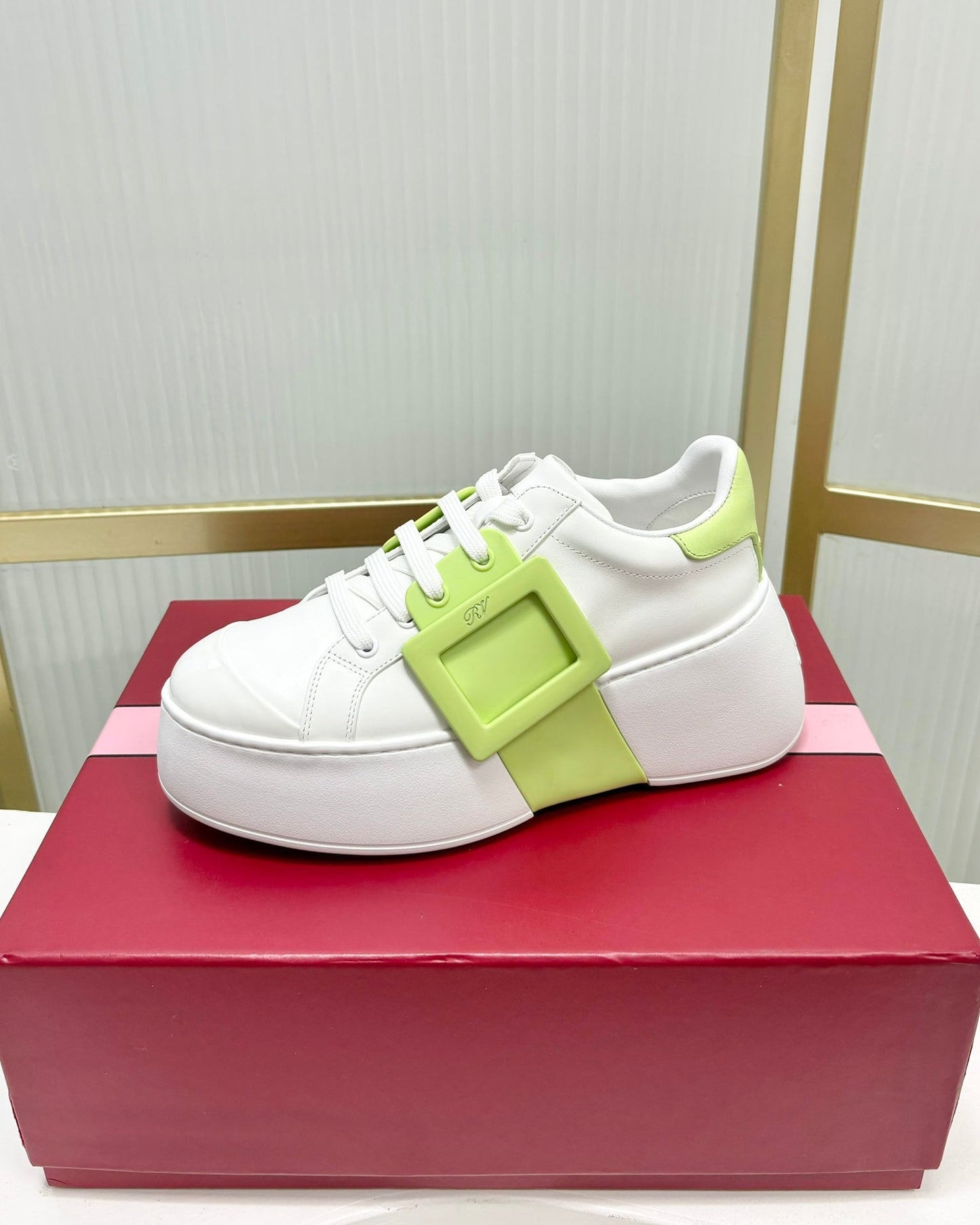 VIV' SKATE SNEAKERS IN WHITE CALFSKIN LIGHT NEON GREEN GLITTER STRAP AND CRYSTAL BUCKLE - 35