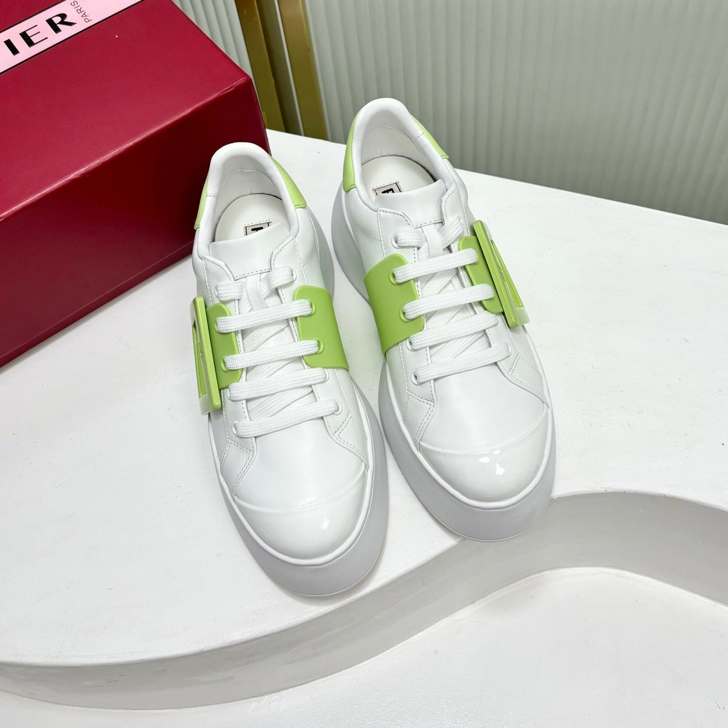 VIV' SKATE SNEAKERS IN WHITE CALFSKIN LIGHT NEON GREEN GLITTER STRAP AND CRYSTAL BUCKLE - 35
