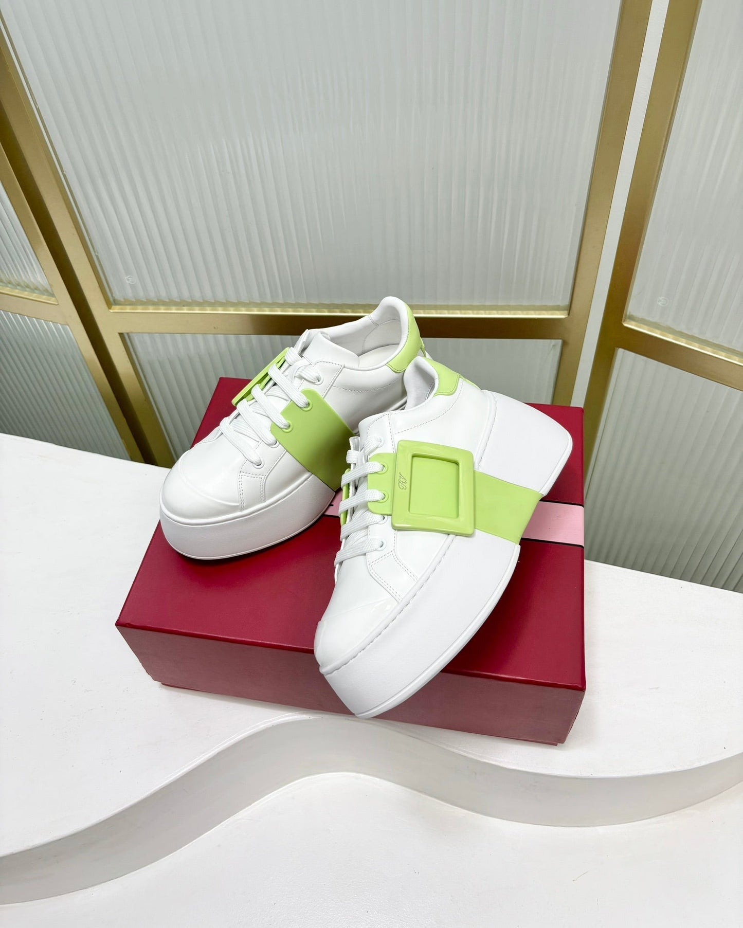 VIV' SKATE SNEAKERS IN WHITE CALFSKIN LIGHT NEON GREEN GLITTER STRAP AND CRYSTAL BUCKLE - 35