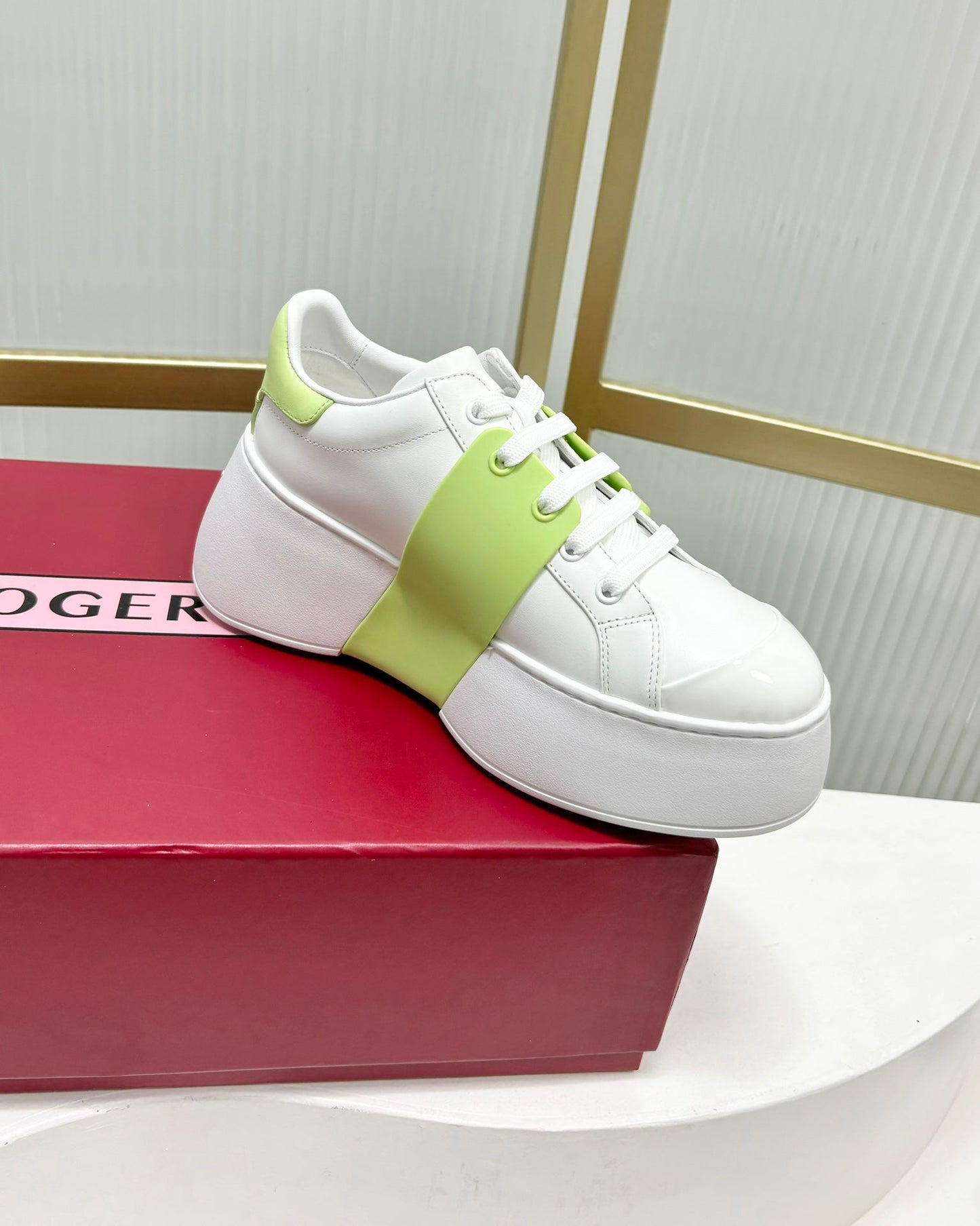 VIV' SKATE SNEAKERS IN WHITE CALFSKIN LIGHT NEON GREEN GLITTER STRAP AND CRYSTAL BUCKLE - 35