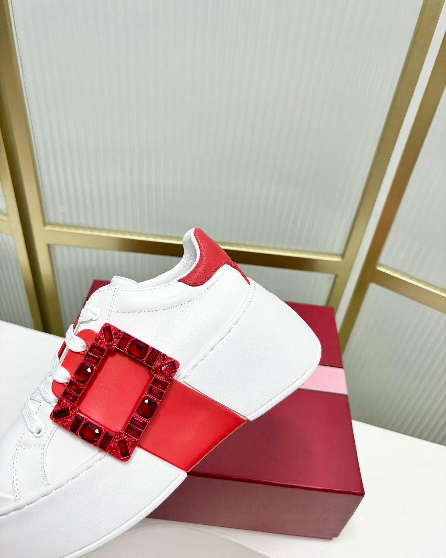 VIV' SKATE SNEAKERS IN WHITE CALFSKIN RED GLITTER STRAP AND CRYSTAL BUCKLE - 35