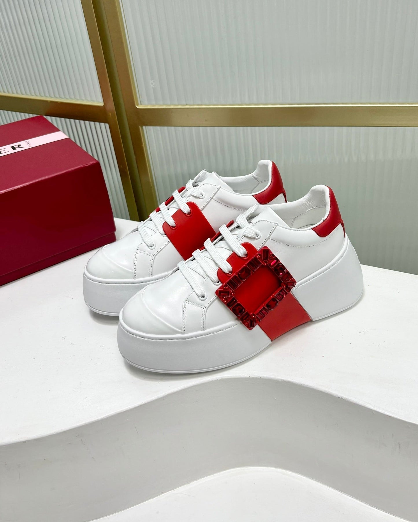 VIV' SKATE SNEAKERS IN WHITE CALFSKIN RED GLITTER STRAP AND CRYSTAL BUCKLE - 35