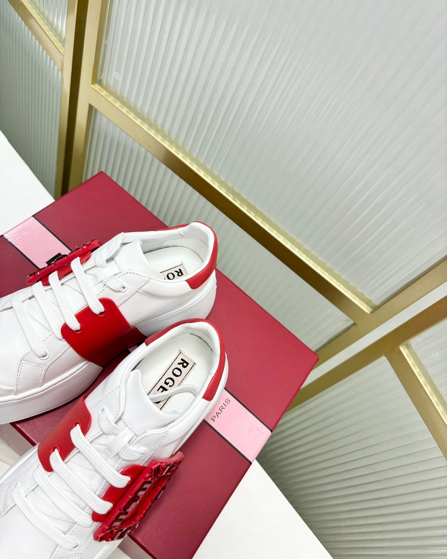VIV' SKATE SNEAKERS IN WHITE CALFSKIN RED GLITTER STRAP AND CRYSTAL BUCKLE - 35