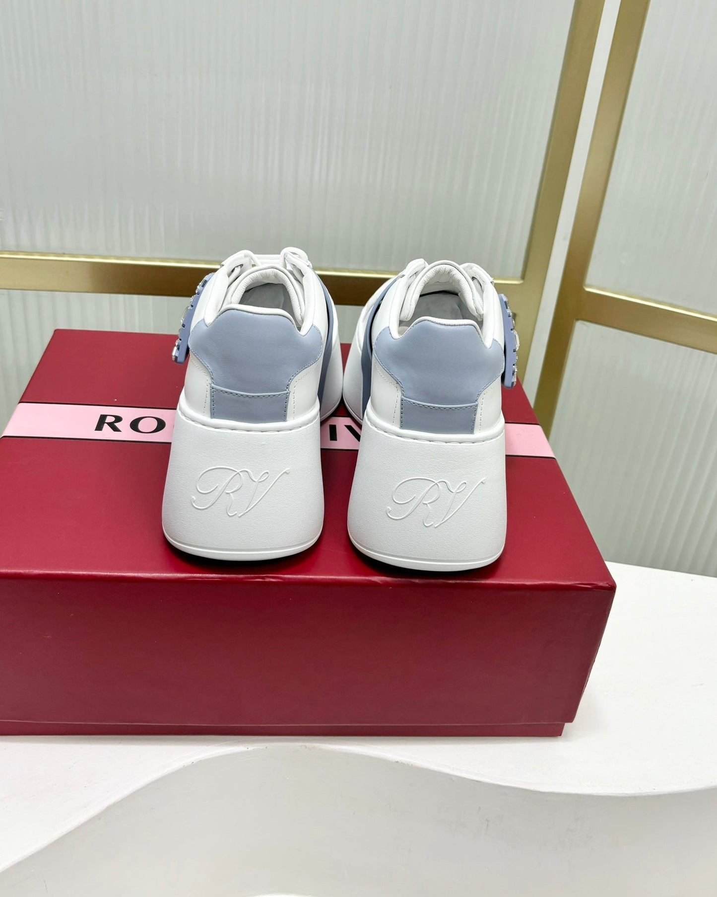 VIV' SKATE SNEAKERS IN WHITE CALFSKIN LIGHT BLUE GLITTER STRAP AND CRYSTAL BUCKLE - 35