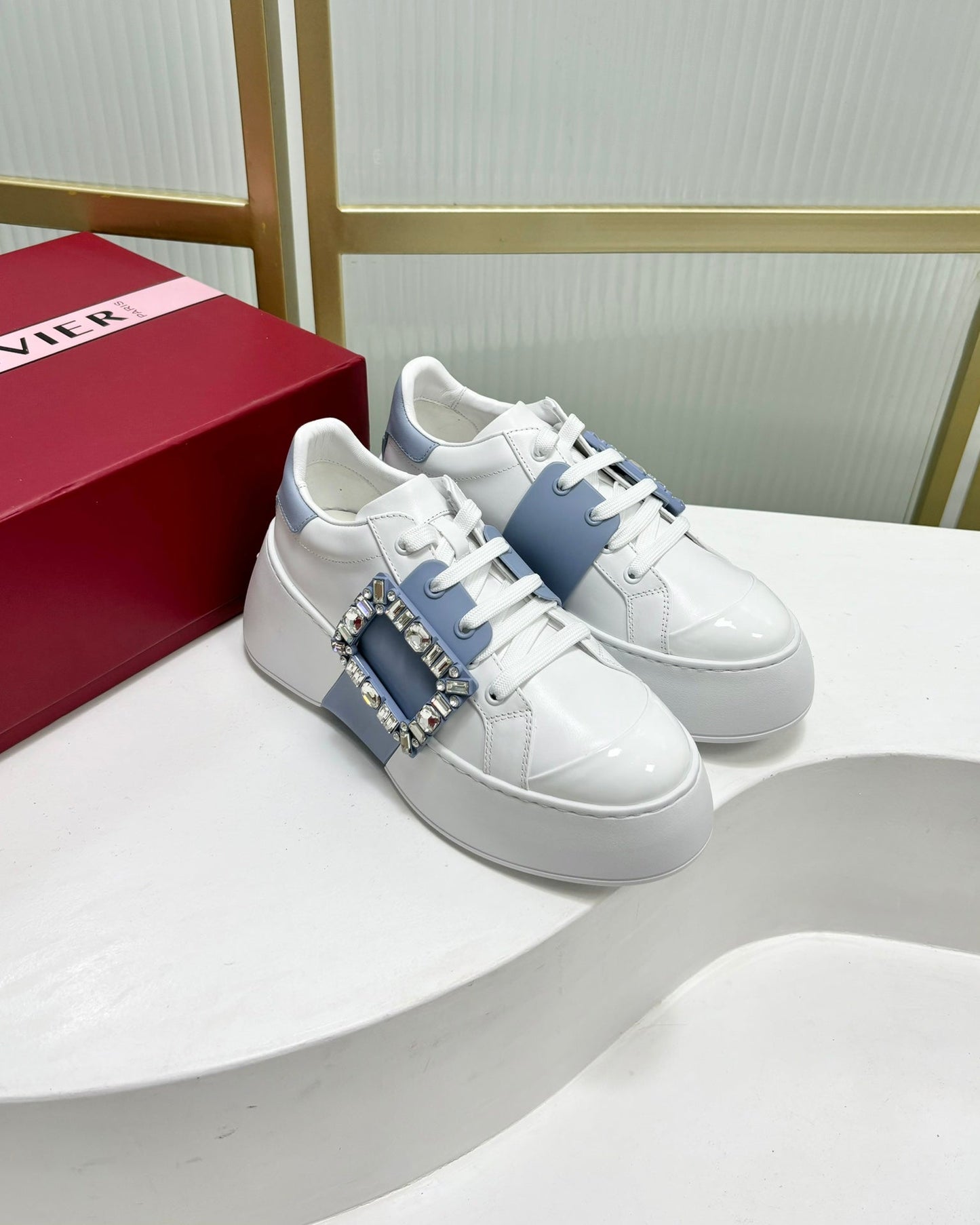 VIV' SKATE SNEAKERS IN WHITE CALFSKIN LIGHT BLUE GLITTER STRAP AND CRYSTAL BUCKLE - 35
