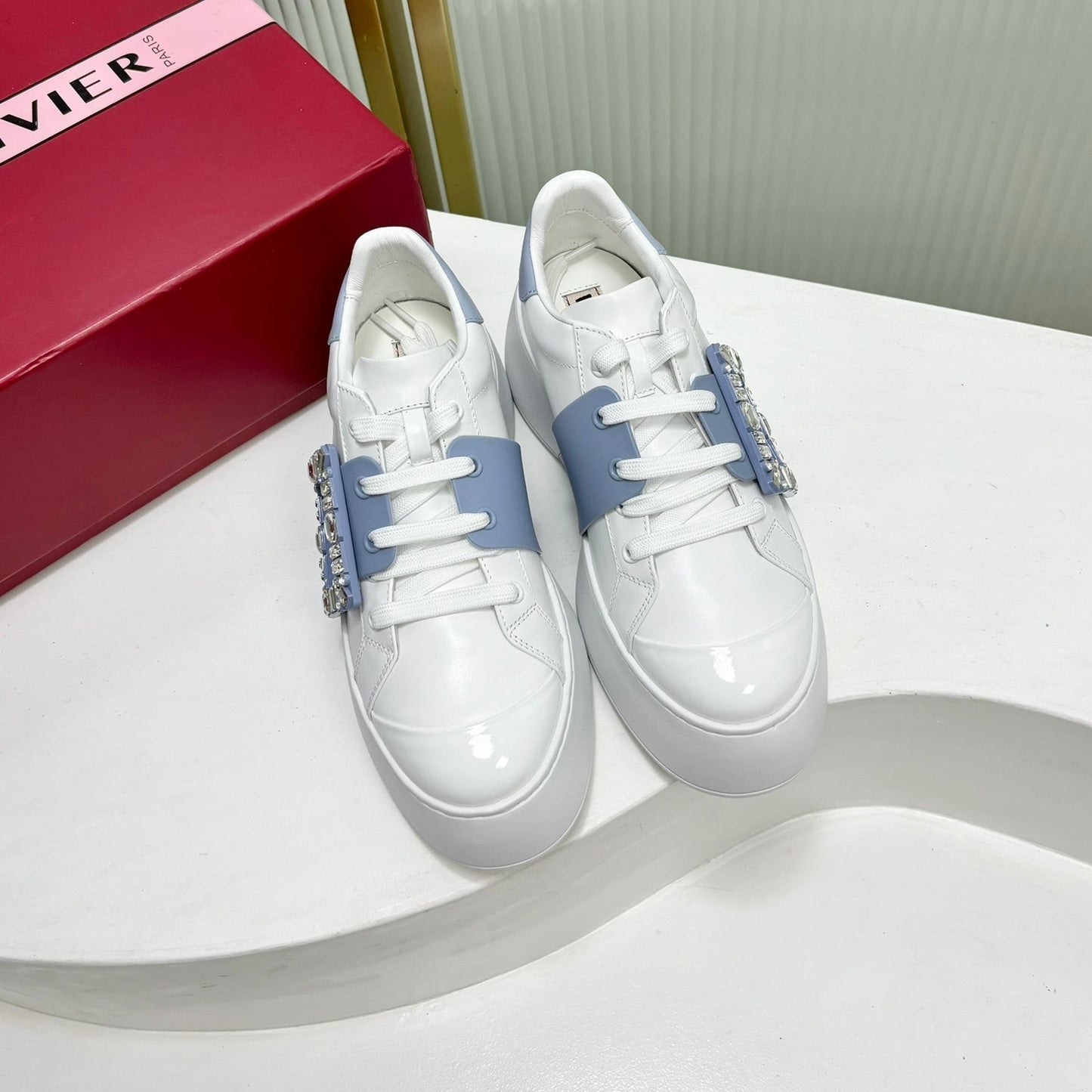 VIV' SKATE SNEAKERS IN WHITE CALFSKIN LIGHT BLUE GLITTER STRAP AND CRYSTAL BUCKLE - 35