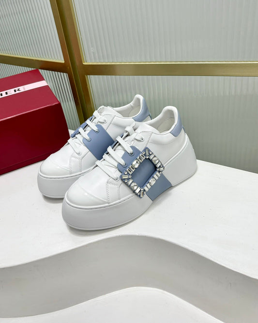 VIV' SKATE SNEAKERS IN WHITE CALFSKIN LIGHT BLUE GLITTER STRAP AND CRYSTAL BUCKLE - 35