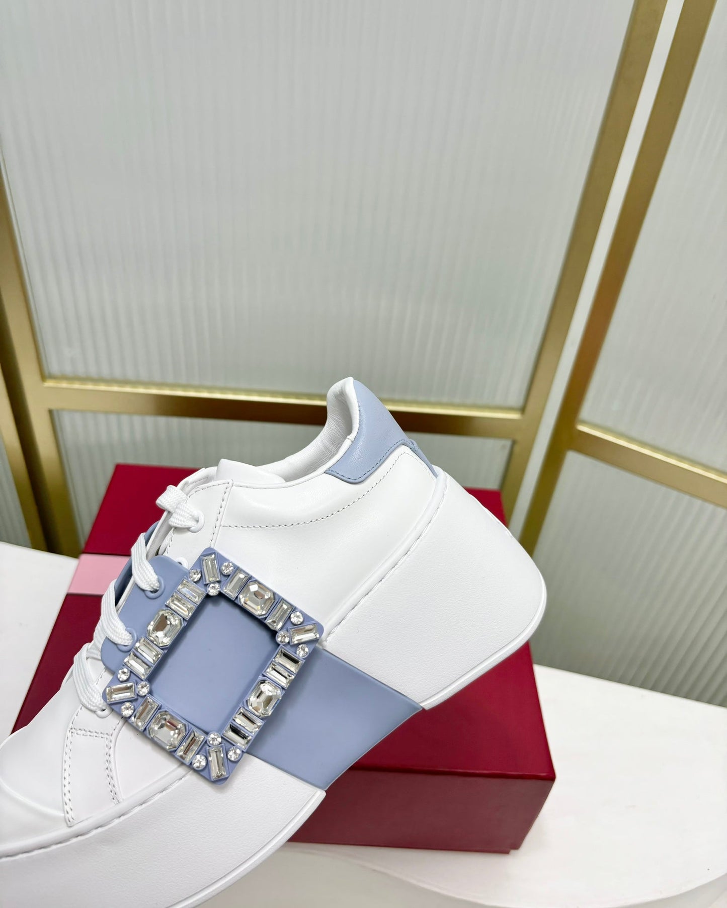 VIV' SKATE SNEAKERS IN WHITE CALFSKIN LIGHT BLUE GLITTER STRAP AND CRYSTAL BUCKLE - 35