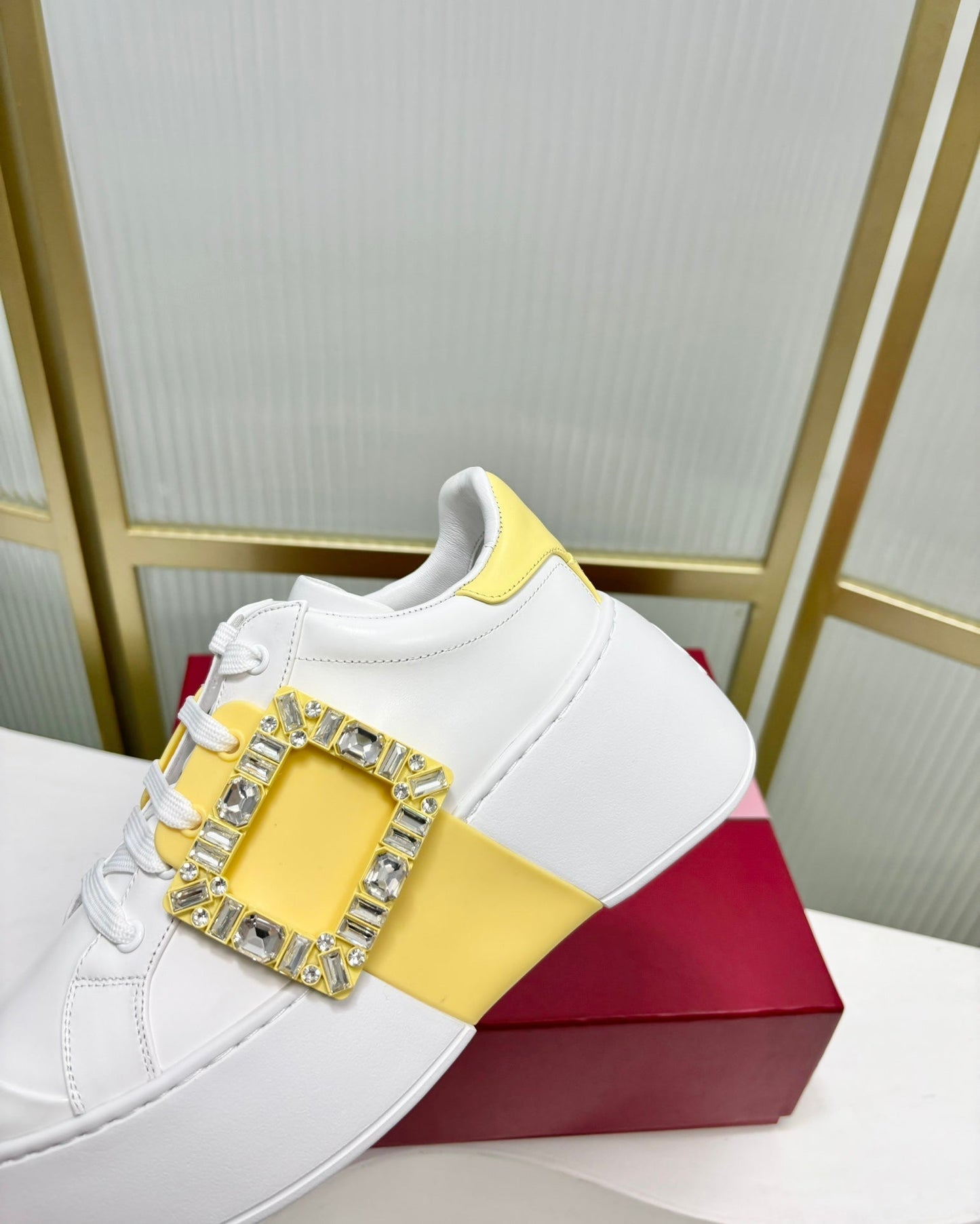 VIV' SKATE SNEAKERS IN WHITE CALFSKIN YELLOW GLITTER STRAP AND CRYSTAL BUCKLE - 35
