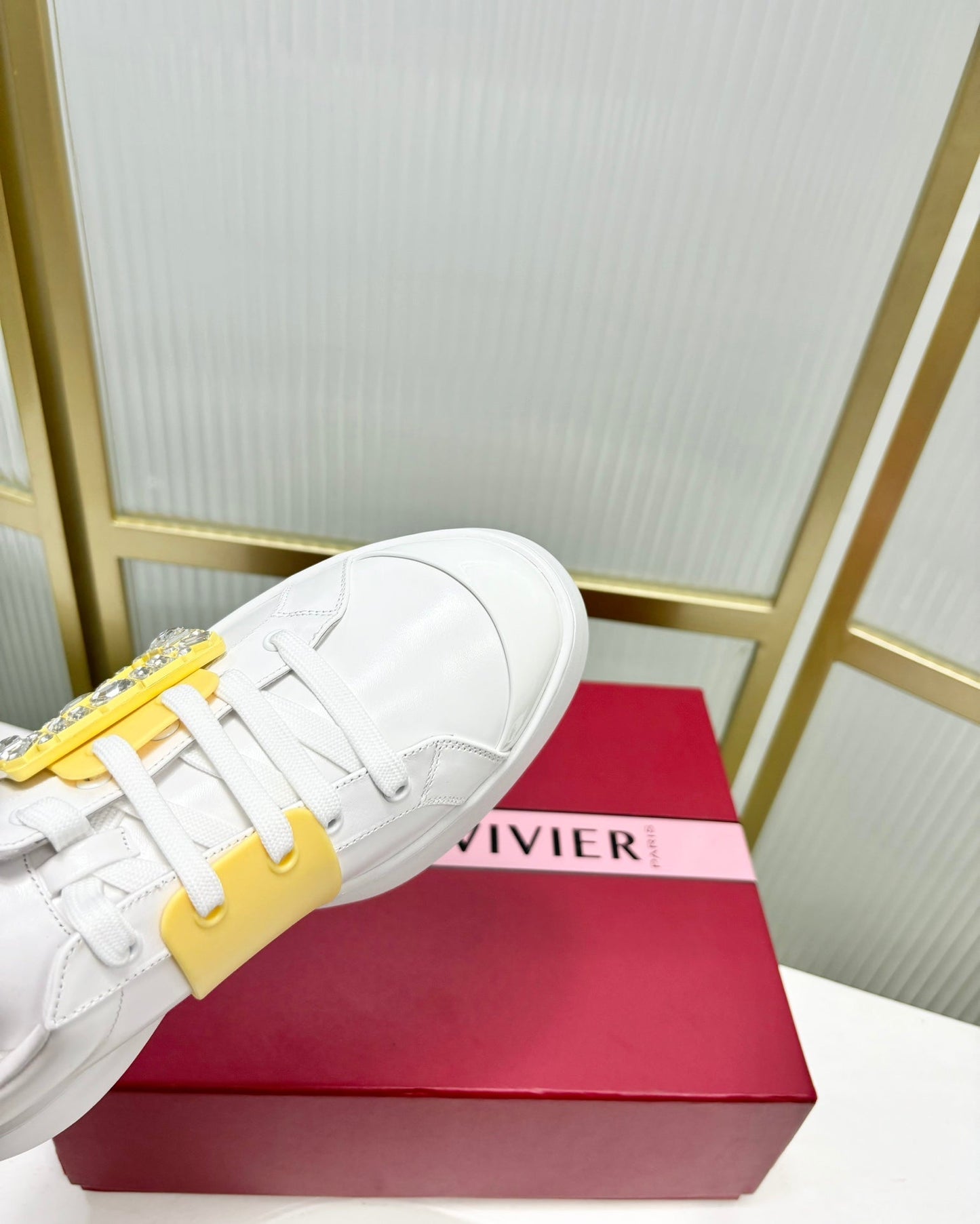 VIV' SKATE SNEAKERS IN WHITE CALFSKIN YELLOW GLITTER STRAP AND CRYSTAL BUCKLE - 35