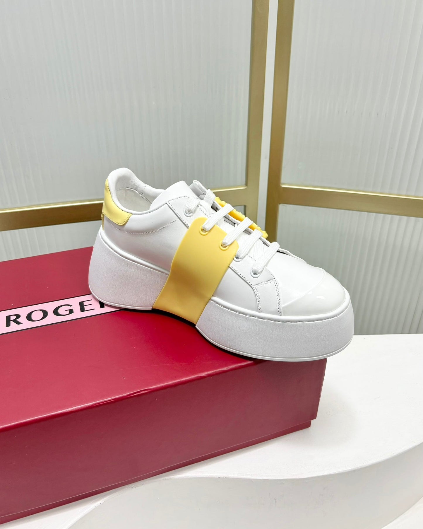 VIV' SKATE SNEAKERS IN WHITE CALFSKIN YELLOW GLITTER STRAP AND CRYSTAL BUCKLE - 35