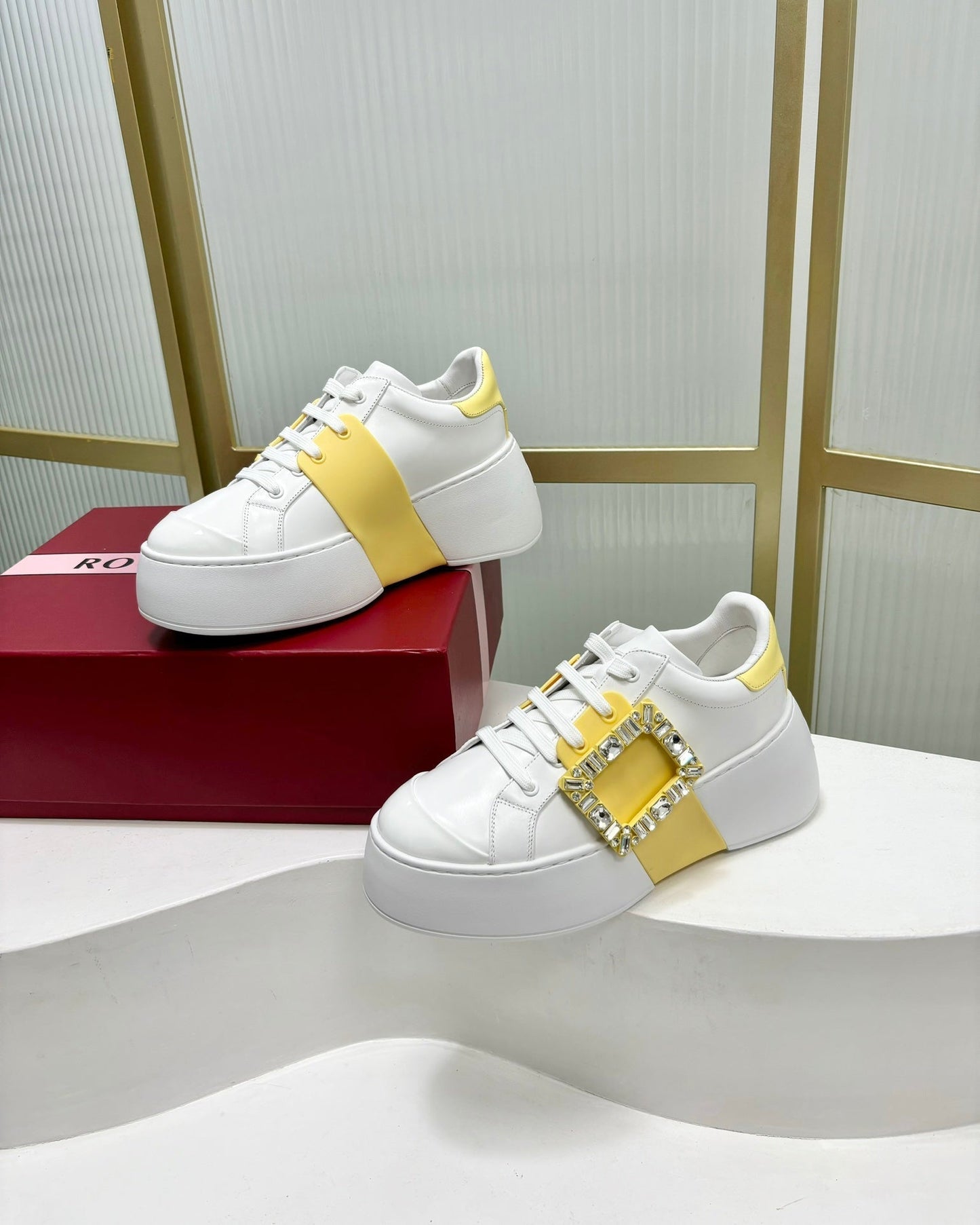 VIV' SKATE SNEAKERS IN WHITE CALFSKIN YELLOW GLITTER STRAP AND CRYSTAL BUCKLE - 35