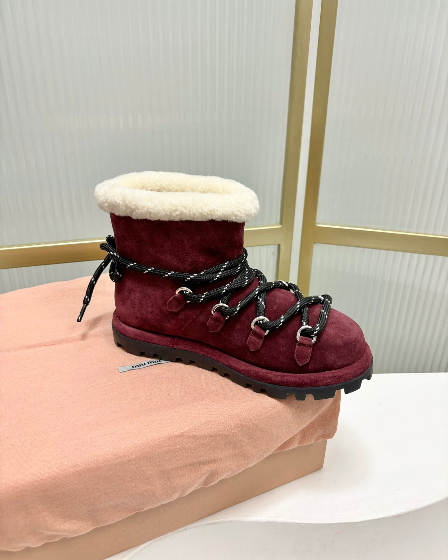 LACE-UP ANKLE BOOTS IN BERRY RED SUEDE AND FLEECE LINING - 35