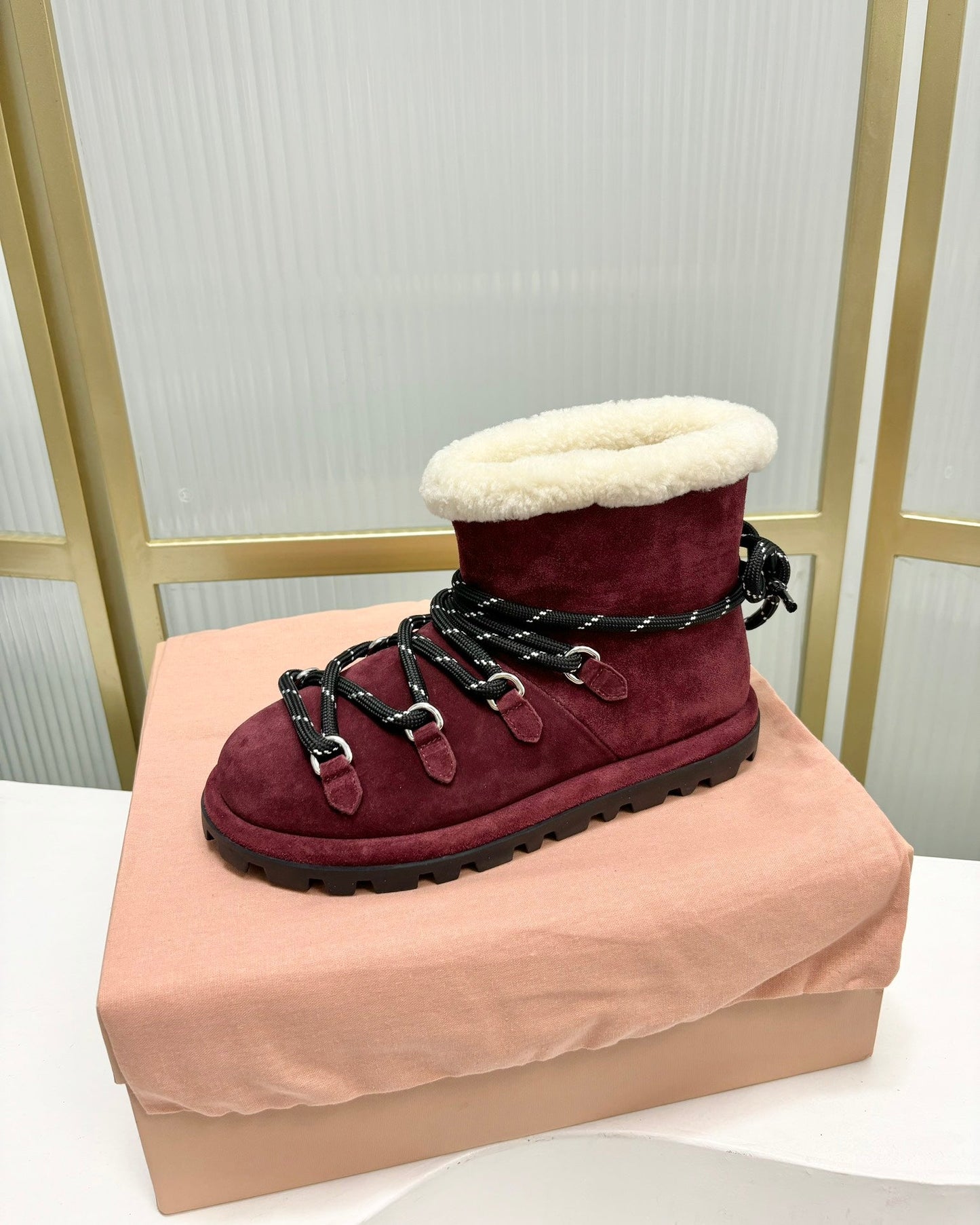 LACE-UP ANKLE BOOTS IN BERRY RED SUEDE AND FLEECE LINING - 35