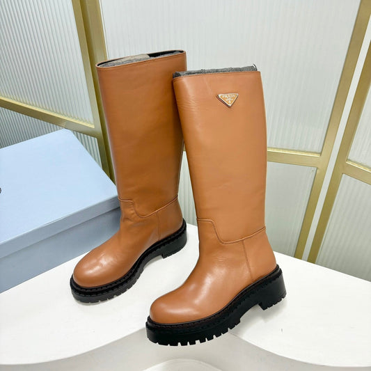 KNEE BOOTS WITH TRIANGLE LOGO IN CAMEL CALFSKIN - 35
