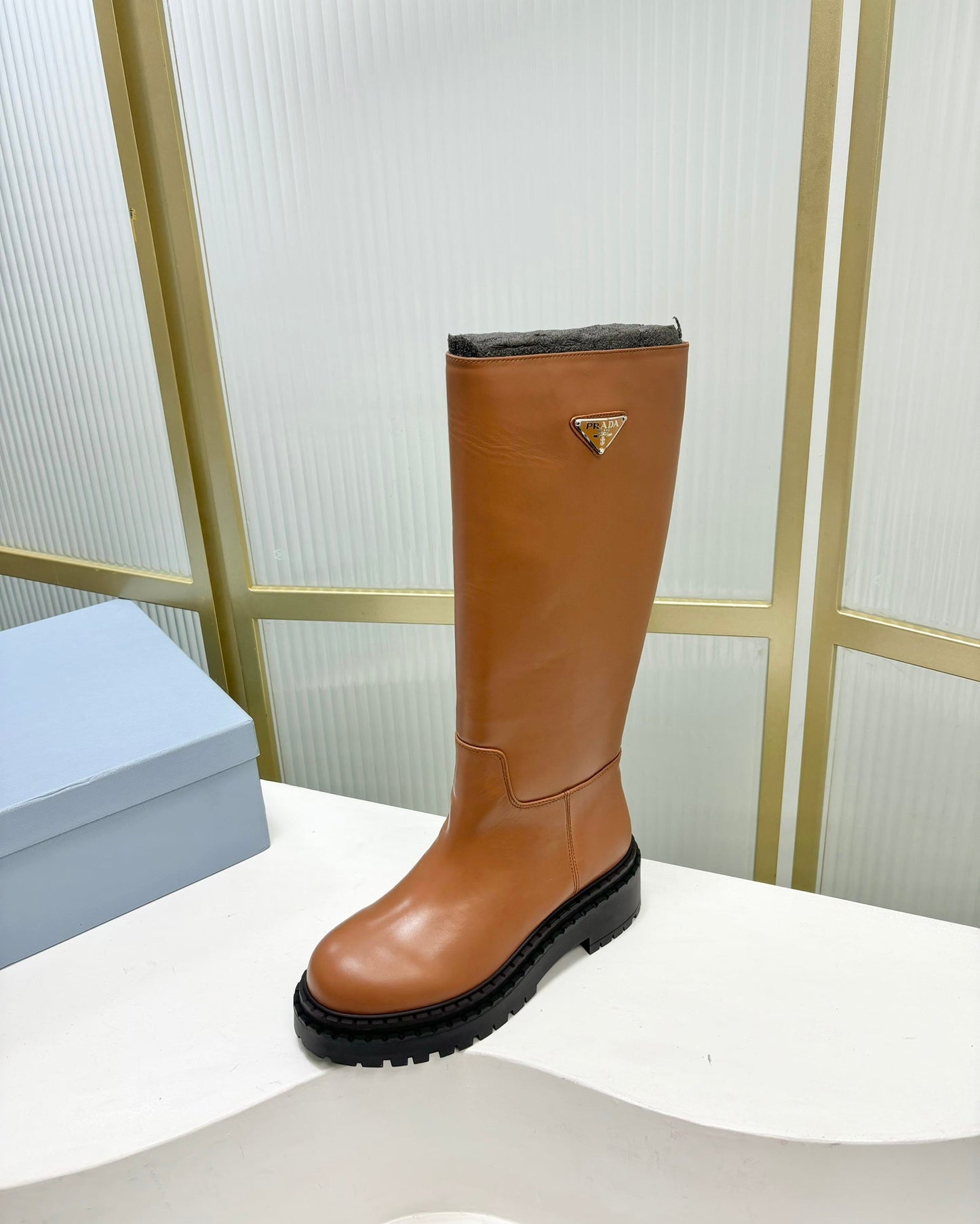 KNEE BOOTS WITH TRIANGLE LOGO IN CAMEL CALFSKIN - 35