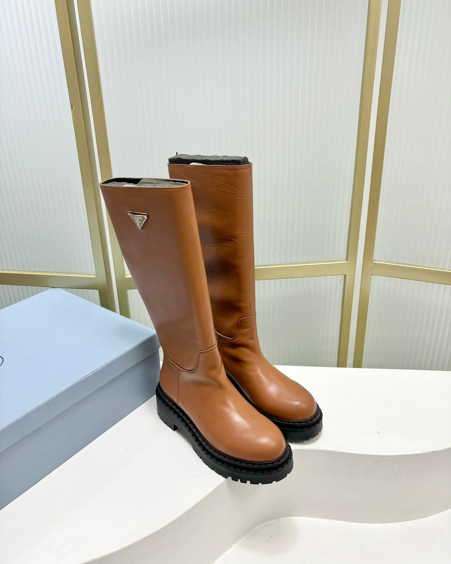 KNEE BOOTS WITH TRIANGLE LOGO IN CAMEL CALFSKIN - 35