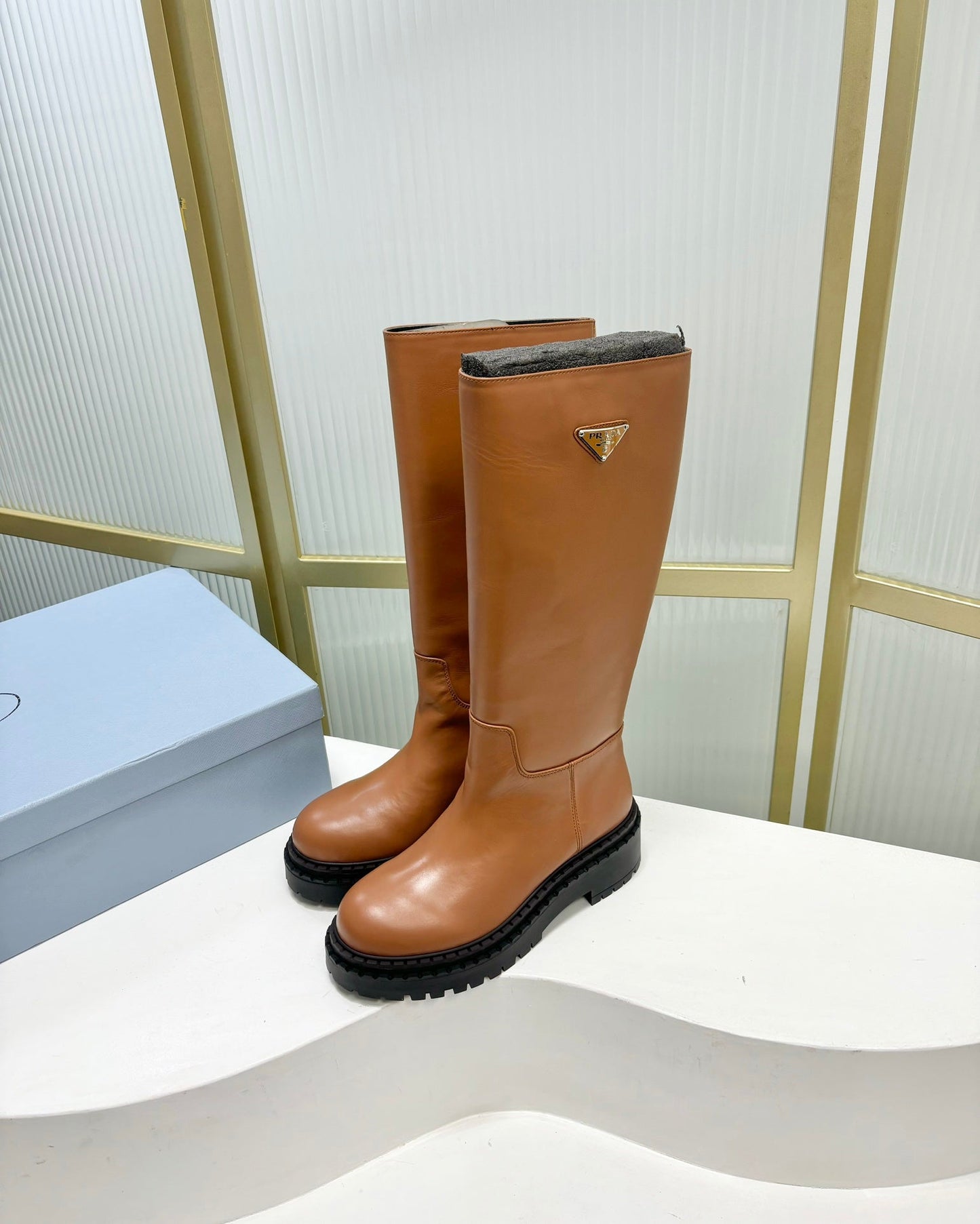 KNEE BOOTS WITH TRIANGLE LOGO IN CAMEL CALFSKIN - 35