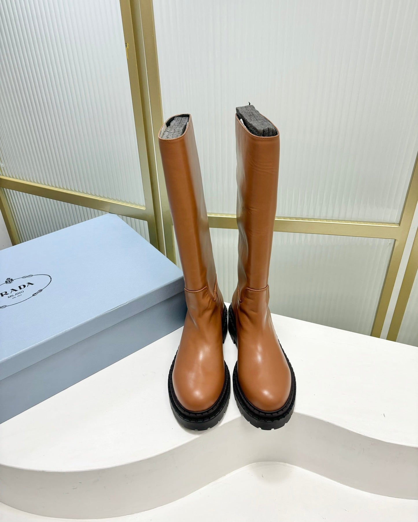KNEE BOOTS WITH TRIANGLE LOGO IN CAMEL CALFSKIN - 35