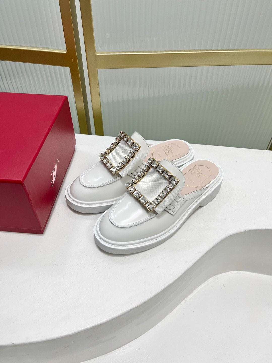 VIV' RANGERS MULES IN WHITE CALFSKIN CRYSTAL BUCKLE - 34