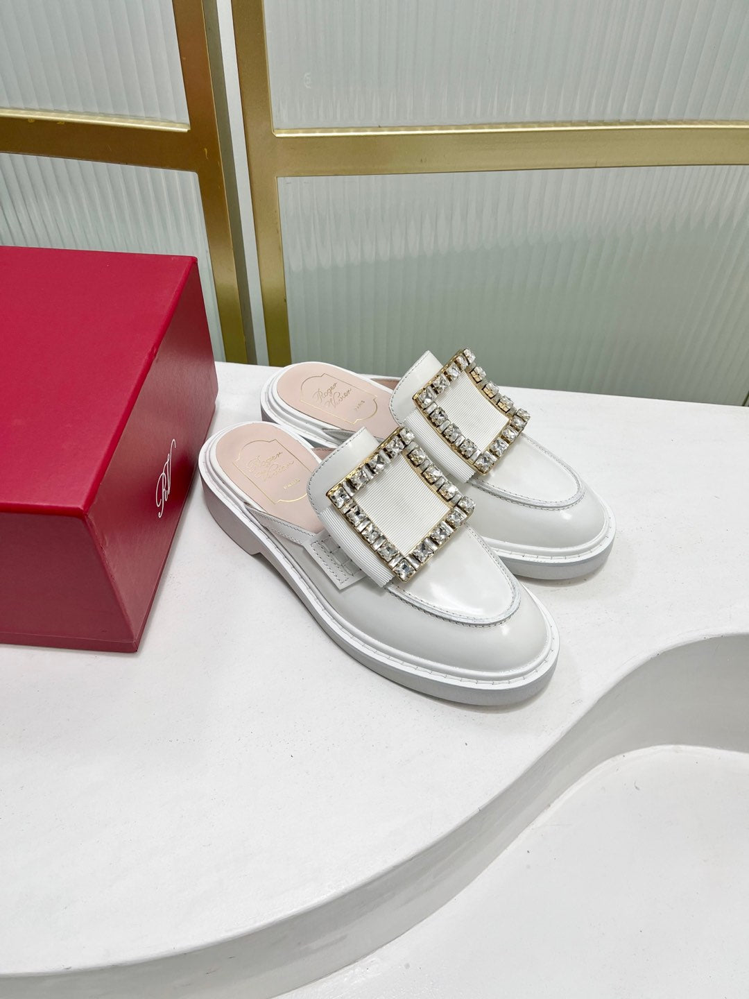 VIV' RANGERS MULES IN WHITE CALFSKIN CRYSTAL BUCKLE - 34