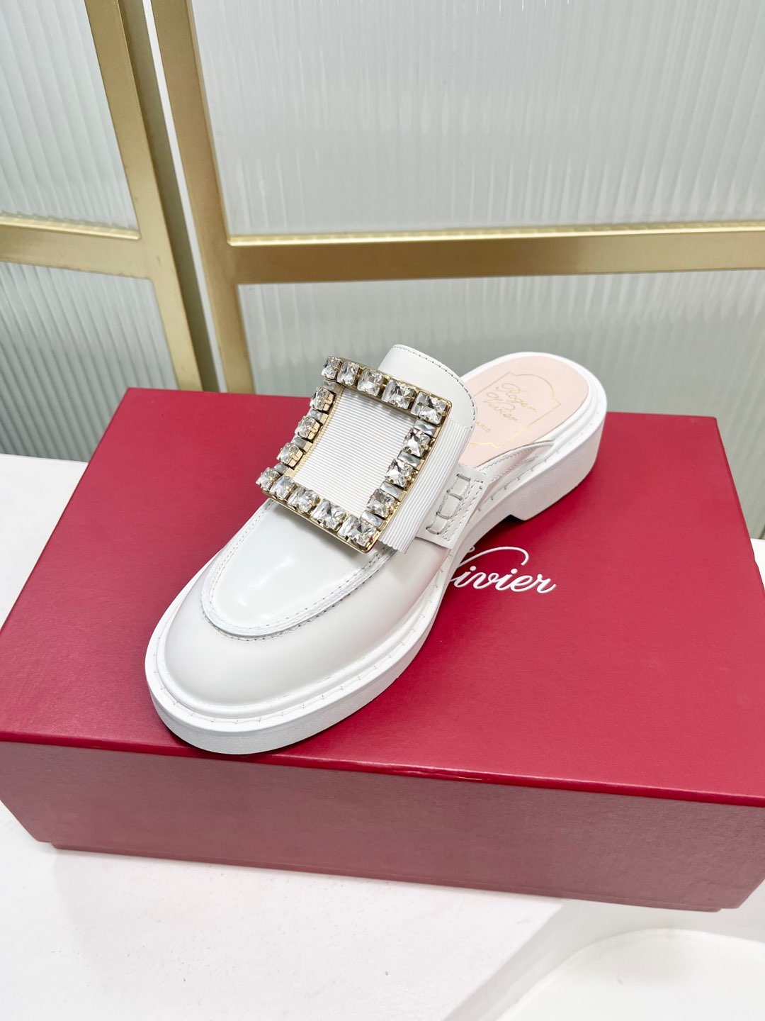 VIV' RANGERS MULES IN WHITE CALFSKIN CRYSTAL BUCKLE - 34