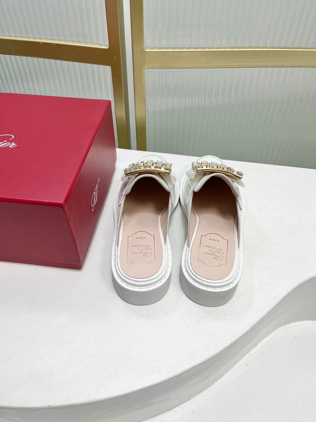 VIV' RANGERS MULES IN WHITE CALFSKIN CRYSTAL BUCKLE - 34