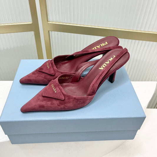 БОСОНІЖКИ PRADA 26S НА ВИСОКИХ ПІДБОРАХ 75 ММ З ТЕМНО-ЧЕРВОНОЇ ЗАМШІ З ЛОГОТИПОМ
