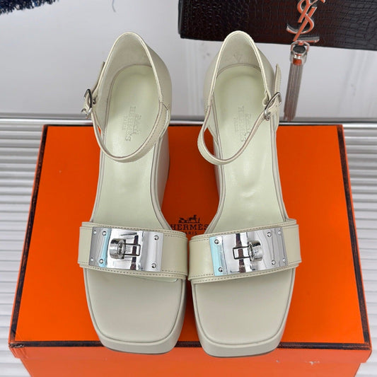 WEDGES SANDALS WHITE LAMBSKIN - 35