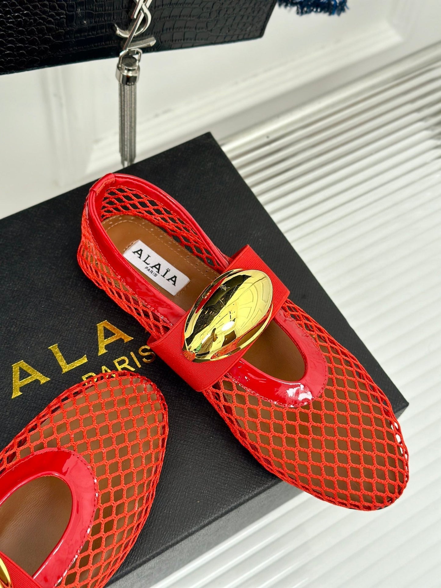 ALAIA MARY JANE SHOES IN CHERRY RED MESH WITH GOLD HARDWARE - 35
