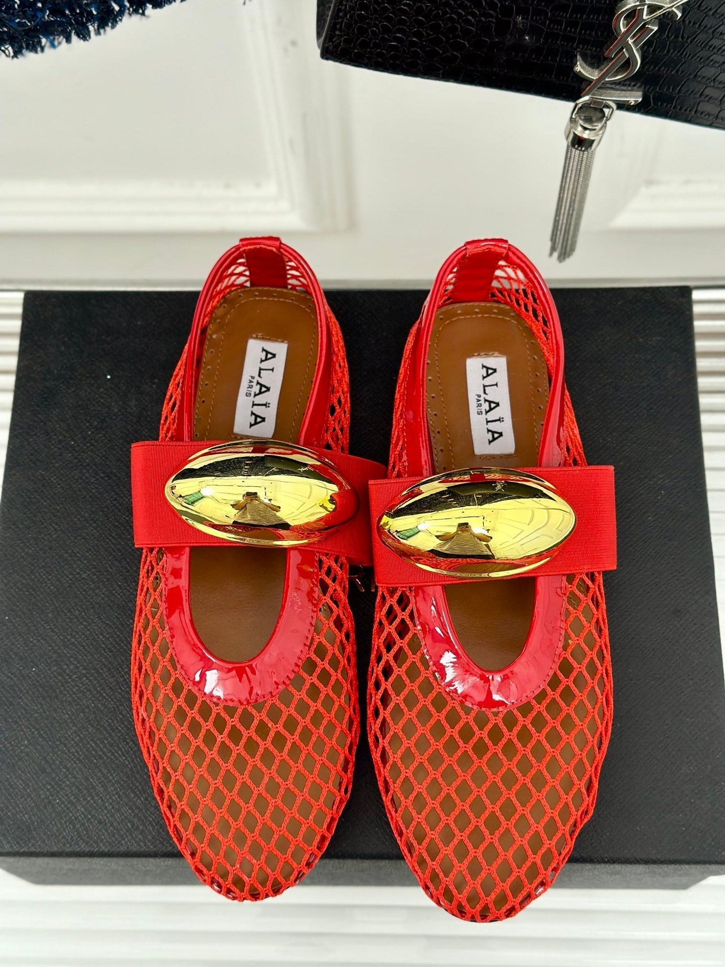 ALAIA MARY JANE SHOES IN CHERRY RED MESH WITH GOLD HARDWARE - 35