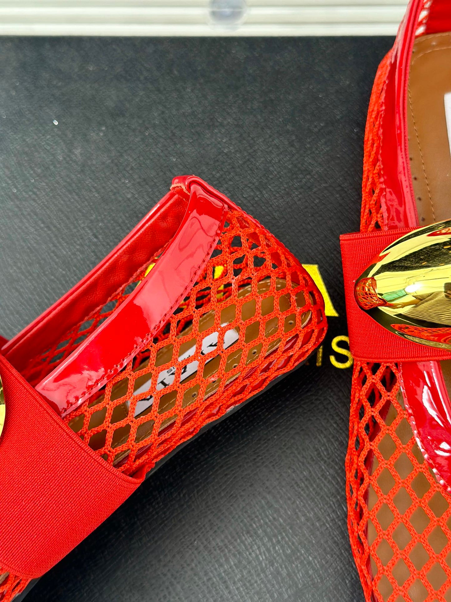 ALAIA MARY JANE SHOES IN CHERRY RED MESH WITH GOLD HARDWARE - 35