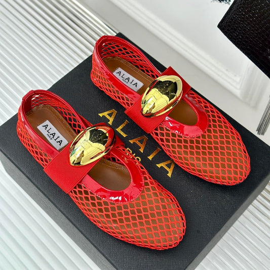 ALAIA MARY JANE SHOES IN CHERRY RED MESH WITH GOLD HARDWARE - 35