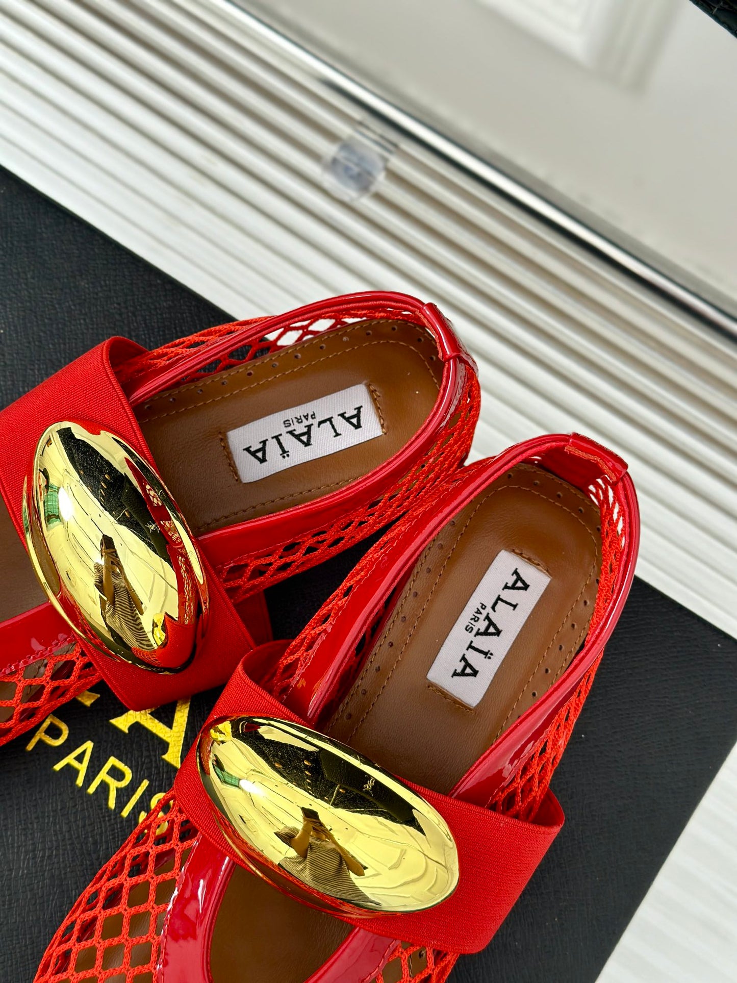 ALAIA MARY JANE SHOES IN CHERRY RED MESH WITH GOLD HARDWARE - 35