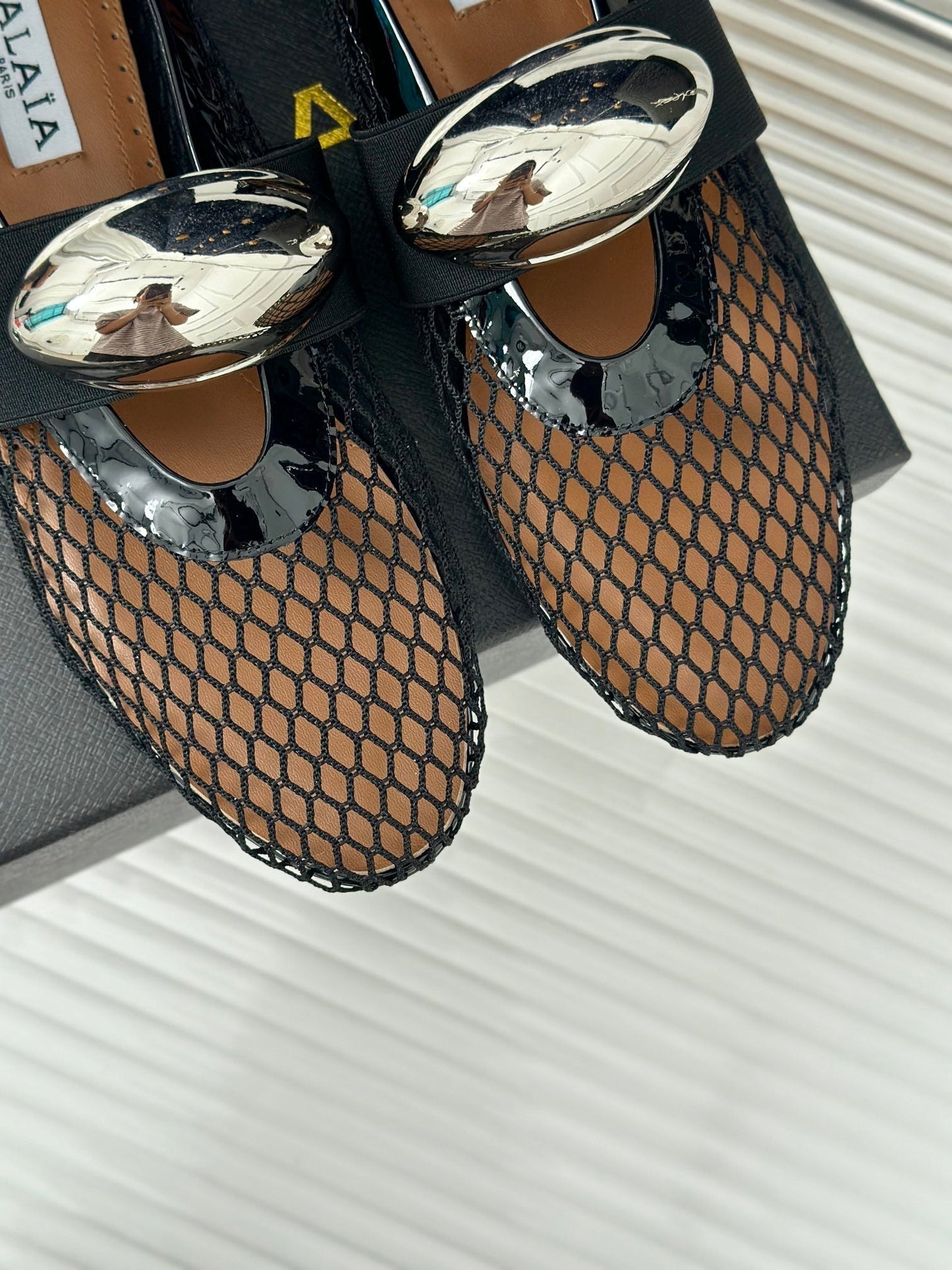 ALAIA MARY JANE SHOES IN BLACK MESH WITH SILVER HARDWARE - 35