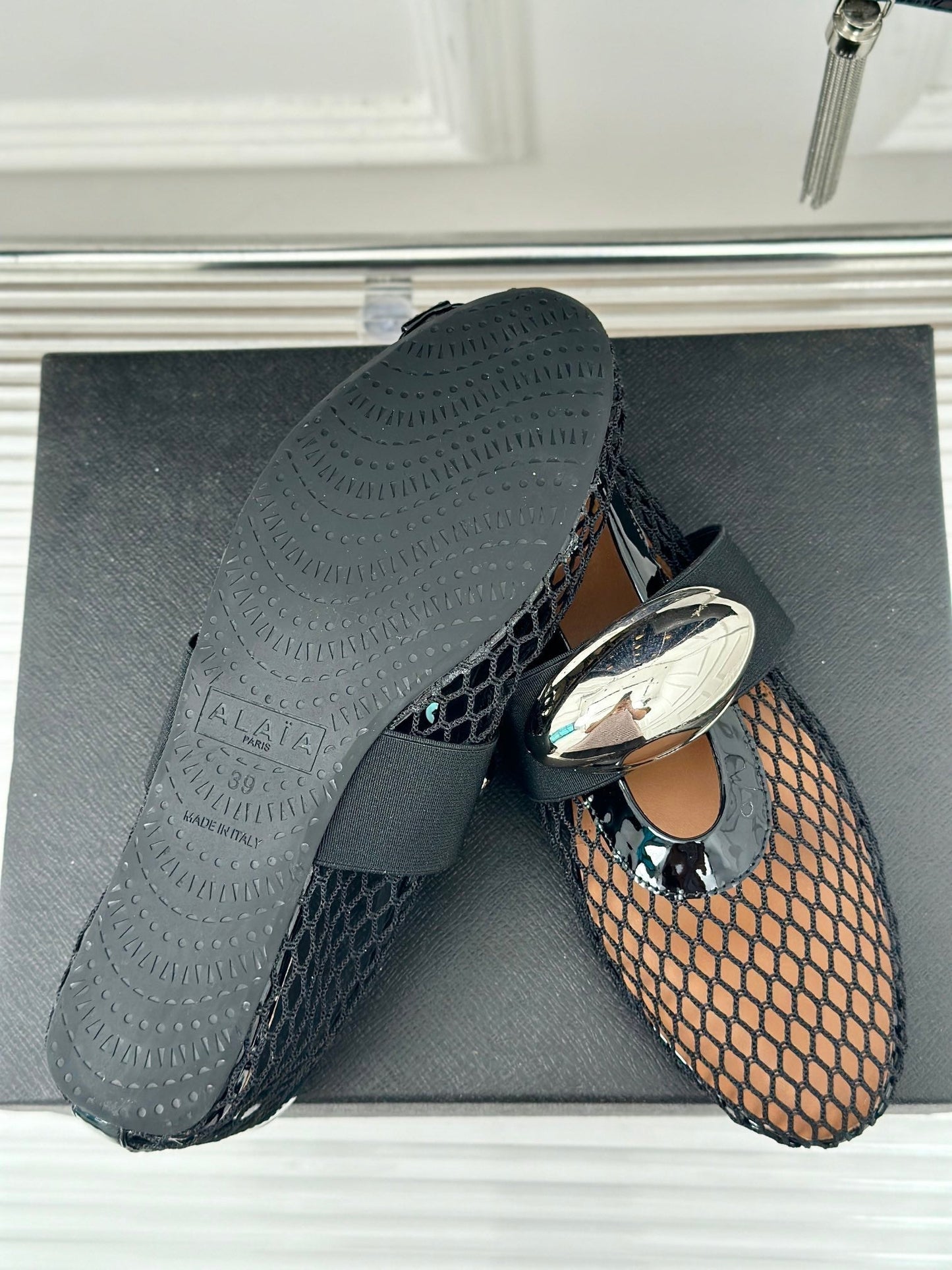 ALAIA MARY JANE SHOES IN BLACK MESH WITH SILVER HARDWARE - 35