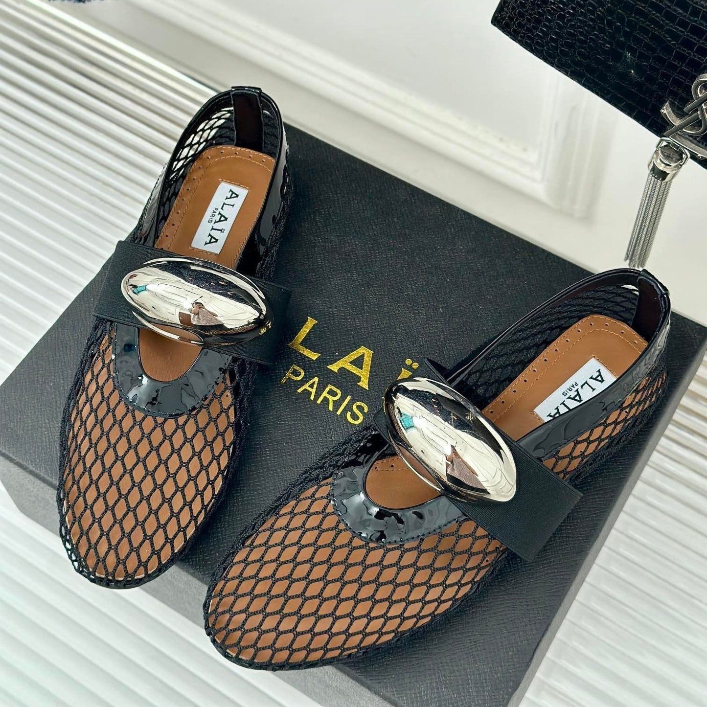 ALAIA MARY JANE SHOES IN BLACK MESH WITH SILVER HARDWARE - 35
