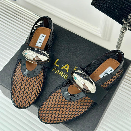 ALAIA MARY JANE SHOES IN BLACK MESH WITH SILVER HARDWARE - 35