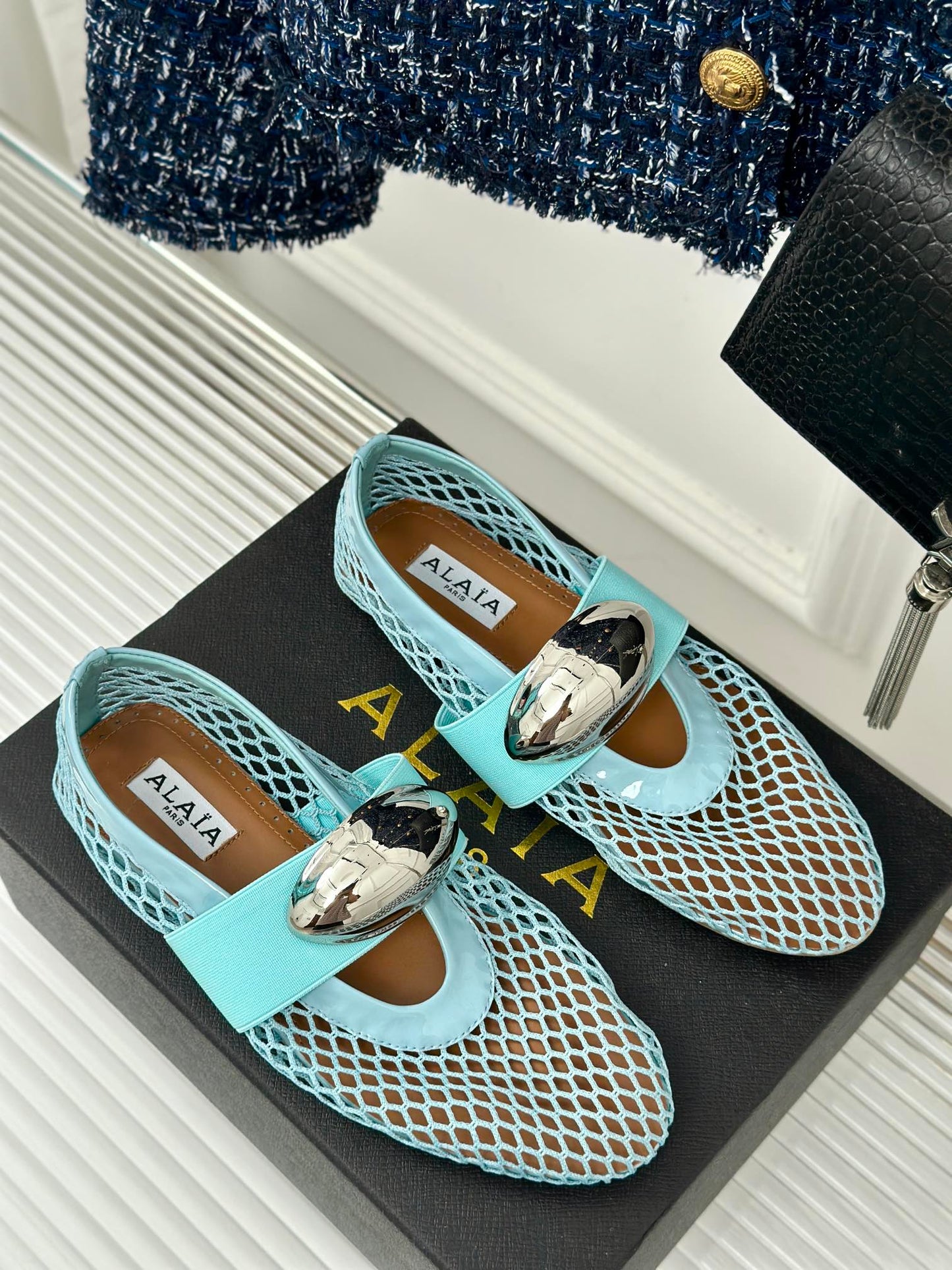 ALAIA MARY JANE SHOES IN SKY BLUE MESH WITH SILVER HARDWARE - 35